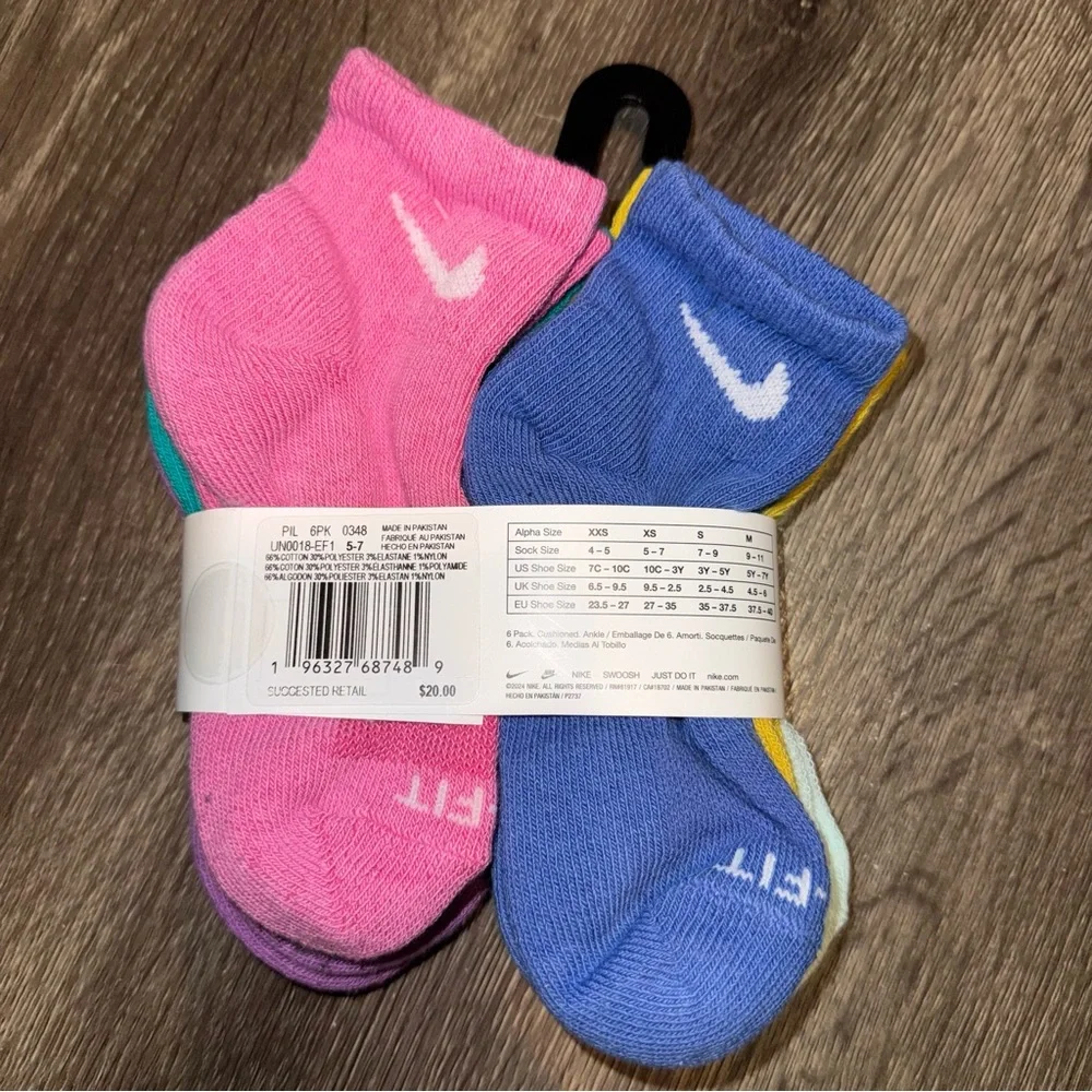 🆕 Nike Dri-FIT Cushioned Ankle Socks 6-Pack Youth XS 5-7 / 10C-3Y Multicolor